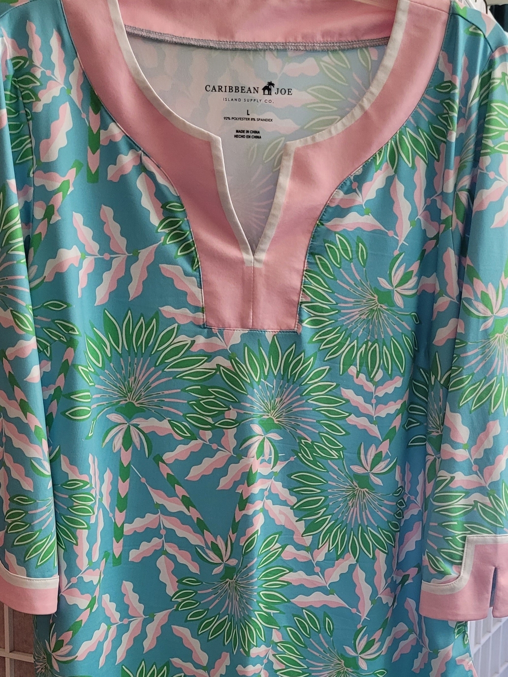 Caribbean Joe Pink & Turquoise Blue Floral Tunic Top, Size L
